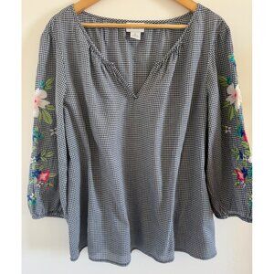 Liz Claiborne Navy Gingham Floral Embroidery Womens XL Soft Blouse Prairie West